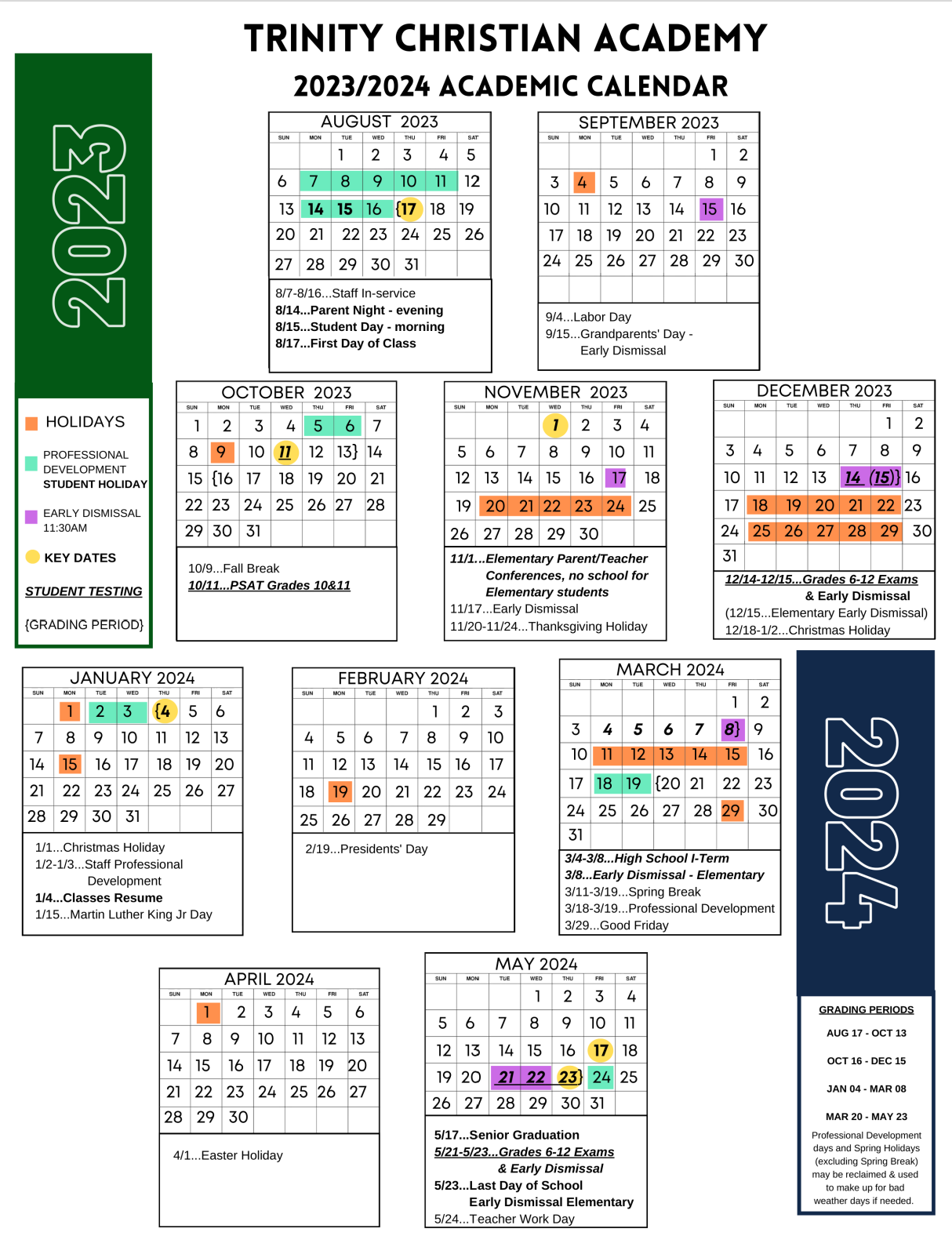 2023-2024 School Calendar - Trinity Christian Academy